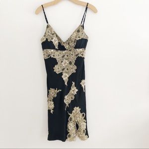 Caché Silk Cocktail Dress with Gold Embroidery